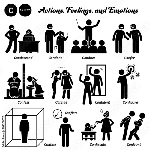 Stick figure human people man action, feelings, and emotions icons starting with alphabet C. Condescend, condone, conduct, confer, confess, confide, confident, configure, confine, confiscate, confront