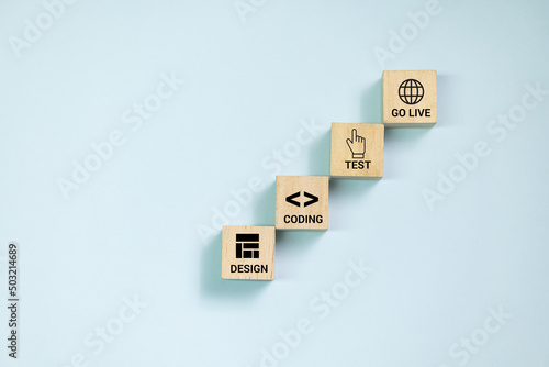 Top view wooden blocks set to step with software development. Concept for online and soft dev.