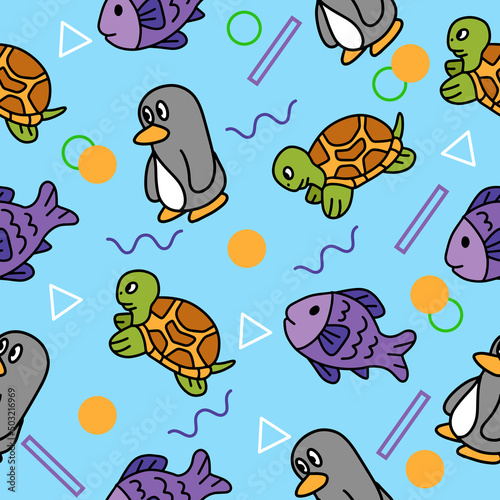 Cute Animal Penguin Turtle and Fish Seamless Pattern doodle for Kids and baby