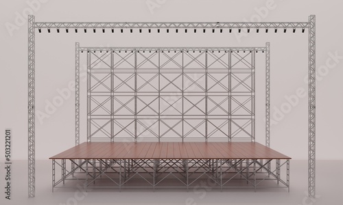 wood stage and speaker with spotlight on the truss system on the white background.3d redering.
