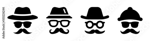 Gentleman icon set. Man wear glasses with hat and mustache icon in black design.