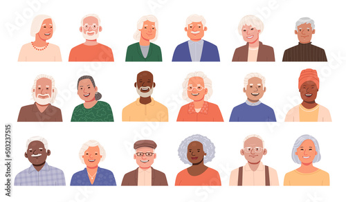 Set of avatars of happy smiling seniors. Elderly people. Portraits of old men and women of different nationalities