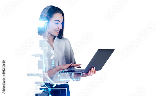 Businesswoman using laptop, skyscrapers and digital hologram with binary. Mockup