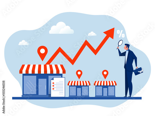 businessman investor with magnifying glass for small business or franchise branch expansion strategy of financial marketing planning concept vector