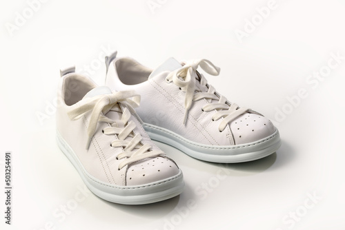 Pair of Stylis New White Sneakers Over White Background. Horizontal Image 