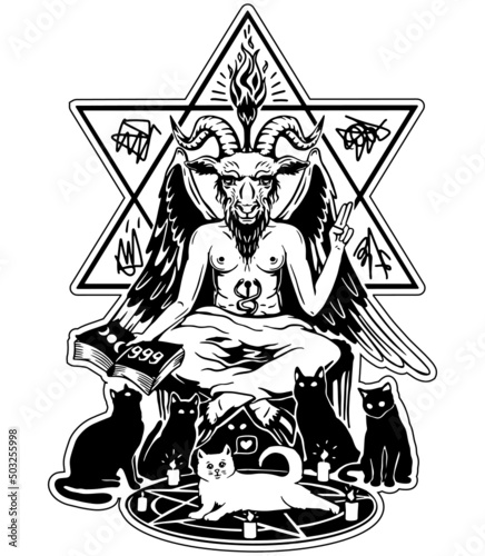  Baphomet. Vector illustration in engraving technique of demon with goat head, wings and woman body.With black cats and a white cat in the middle.Satanic, occult symbol. Isolated on white background. 