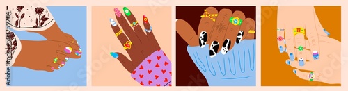 Female hand with manicured nails, golden rings and jewelry. Feet with pedicure. Bright colorful nails. Spa, nail treatment, beauty concept. Set of four Hand drawn colored modern Vector illustrations