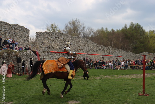 a hussar on a rotten mare in a leopard cape and chain mail gallops with a sword on the preponderance Ogrodzeniec Malopolska Poland