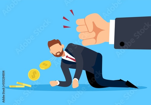 Debt collection. Racketeering, huge hand knocking money out of man, businessman owes money to bank or business partner, non-payment of taxes, loan arrears vector cartoon flat concept