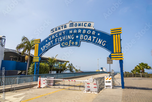 Big blue and yellow Santa Monica Pier sign