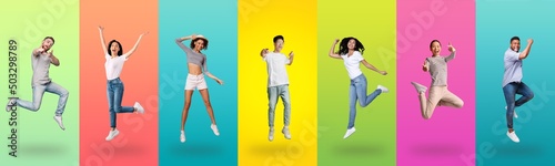Joyful multiracial team jumping up on colorful backgrounds, collection