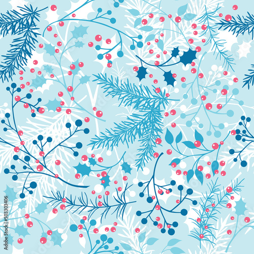 Vector seamless pattern with blue winter plants. Gentle, winter, floral background.