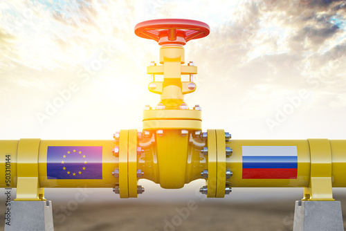 Oil or gas pipeline valve European Union and Russia. Oil and gas energetical crisiis. 3d illustration