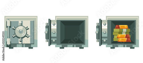 Closed open empty and full of money safe isolated set. Vector flat cartoon graphic design illustration