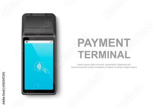 Vector Realistic 3d Touch NFC Mobile Payment Machine. POS Terminal Closeup Isolated on White. Design Template of Bank Payment Wireless Contactless Terminal, Mockup. Payments device. Top View