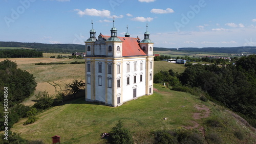 Moravsky Krumlov, Chapel of St. Florian. spring landscape. Southern Moravia, Czech Republic,aerial panorama 