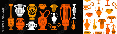 Vintage greek vase decoration cartoon collection. Set of ancient history jar, clay pottery and historical doodle illustration on isolated background. Trendy home decor seamless pattern bundle.