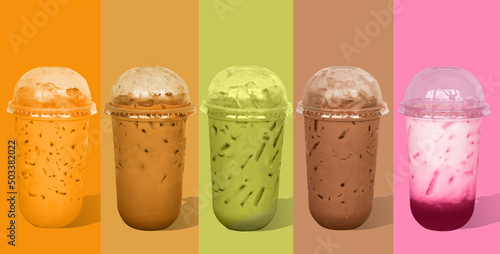 Overview of beverages, cold drinks in a cup, take away