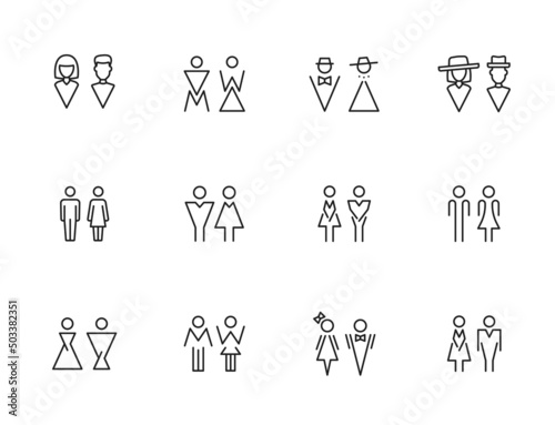Toilet icons and symbols of male and female restroom. Water closet vector signs of isolated thin line silhouettes of man and woman, lady and gentleman figures for public toilet