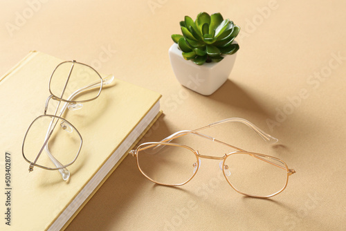 Stylish eyeglasses with book and houseplant on beige background, closeup