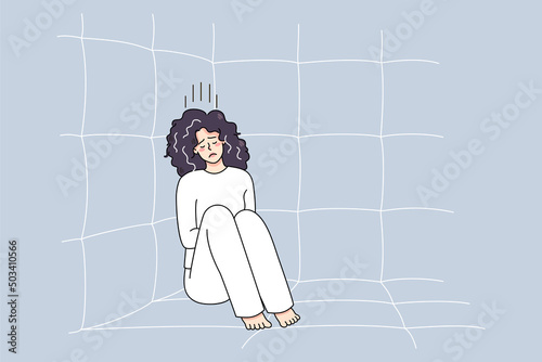 Unhappy sick woman in straitjacket sit on floor in psychiatric clinic suffer from mental disorder. Upset ill female patient or madhouse struggle with psychiatric issues. Vector illustration. 