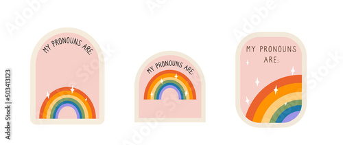 Colorful geometric gender pronouns name tag. Retro pride stickers set. Vintage badges with phrase my pronouns are. Vector illustration.