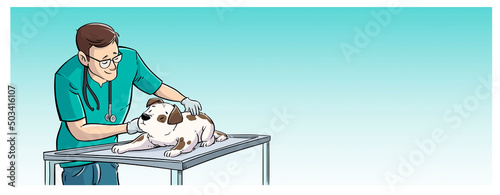 Illustration of a veterinarian attending to a sick dog at the consulting table