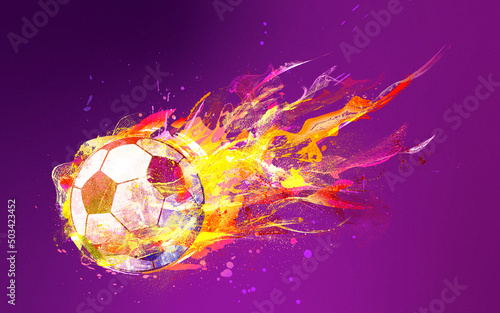 An illustration football on fire, for a game of the soccer world cup with purple background