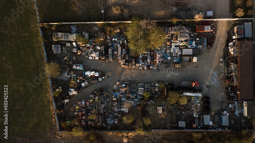 Metal recycling industry. Drone aerial view of scrap yard