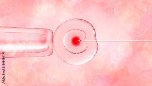 3d illustration of in vitro fertilization under a microscope. egg, medical needle, test tube, pipette. Beautiful medical banner in pink tones with a blurred background with highlights and texture