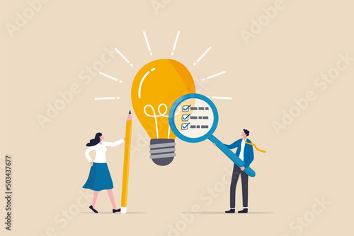 Business viability checking, validate idea by market research to see possibility to success in real world, evaluate profitable of business idea, businessman with magnifier analyze lightbulb idea.