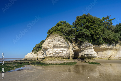 Coastal sea rock erosion on beach on Atlantic coast of Charente-Maritime, France on Gironde estuary near Royan