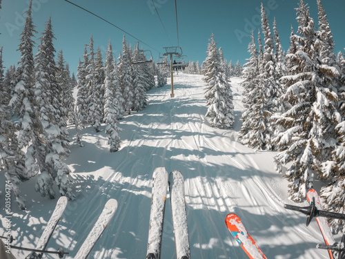 Scenic view of a white pass ski resort from a cable, WA