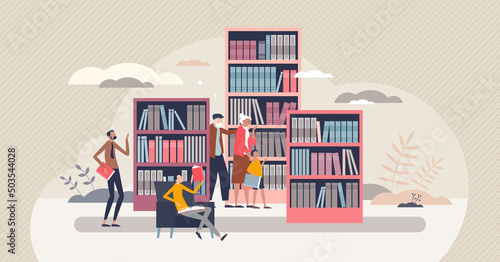 Library for book and literature reading and learning tiny person concept. Archive study and search for information in old textbooks vector illustration. Encyclopedia resource storage in bookshelf.