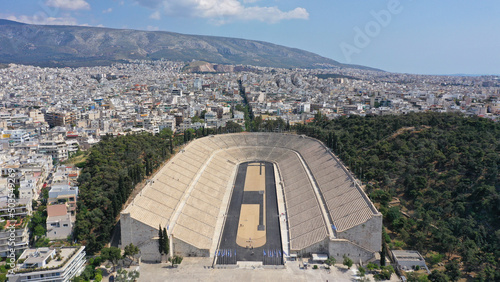 Aerial drone photo of iconic ancient Panathenaic stadium or Kalimarmaro birthplace of the original Olympic games, Athens historic centre, Attica, Greece