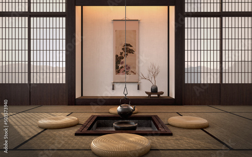 Traditional japanese tea room interior with tatami mats and sun light.3d rendering