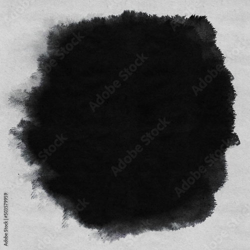 Custom Black Ink Paper Texture. Black Ink Splot on White Textured Paper with Bleeding Edges. Background for Wedding Invitation or Custom Stationary.