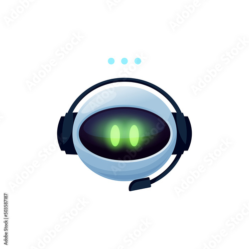 Robot chat bot in earphones and typing message sign isolated virtual online support operator. Vector mobile application chatbot communication helper. Voice talk service chat bot, virtual online help