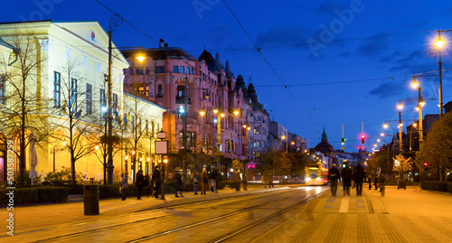 Twilight image with Debrecen streets with impressive architecture, Hungary
