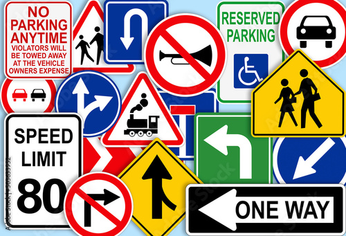 Collection of different traffic signs on turquoise background