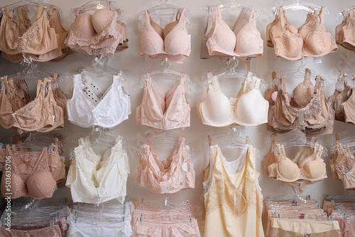 Many different beautiful women's underwear in lingerie store