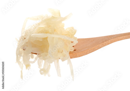 Fork with tasty sauerkraut on white background
