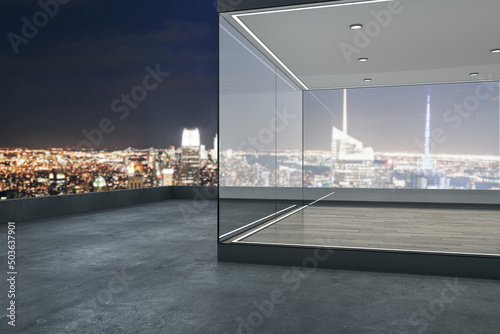 Modern glass balcony with panoramic night city view and mock up place. Luxury lifestyle concept. 3D Rendering.