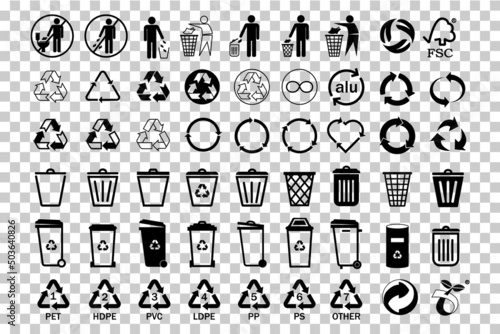 Set recycle icons sign.Recycling.Trash can icon.Black icons for packaging , recycling,ecology, eco friendly, environmental management symbols isolated on transparent background