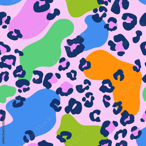 Animal print skin, blots seamless pattern. Leopard spots, colorful blobs in cartoon style