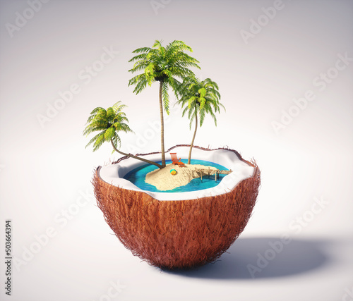 Half coconut with a tropical island inside.
