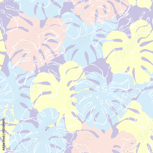 Abstract modern art illustration with tropical leaves grunge line art, colorful silhouettes
