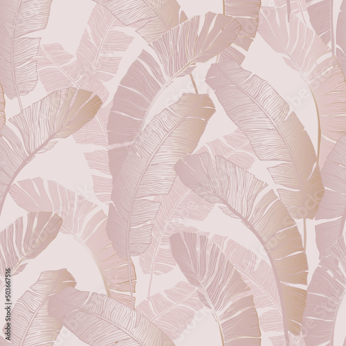 Seamless pattern of pink blush color tropical leaves.