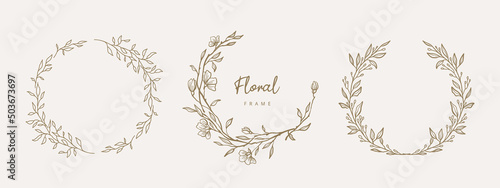 Hand drawn floral frames with flowers, branch and leaves. Elegant logo template. Vector illustration for labels, branding business identity, wedding invitation