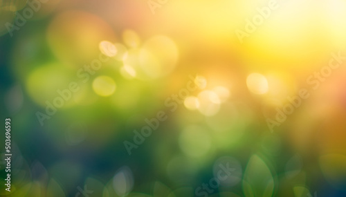 A summer sunset, sunrise background with lush green foliage and orange glow sky with blurred spring bokeh highlights.